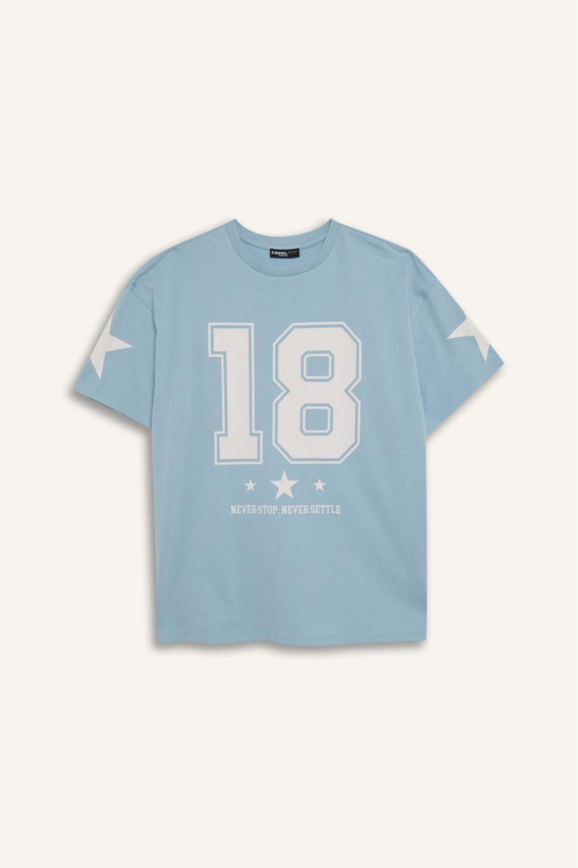 نساء أزرق فاتح تيشيرت نص كم اوفر سايز مطبوع  برقبة مستديرة