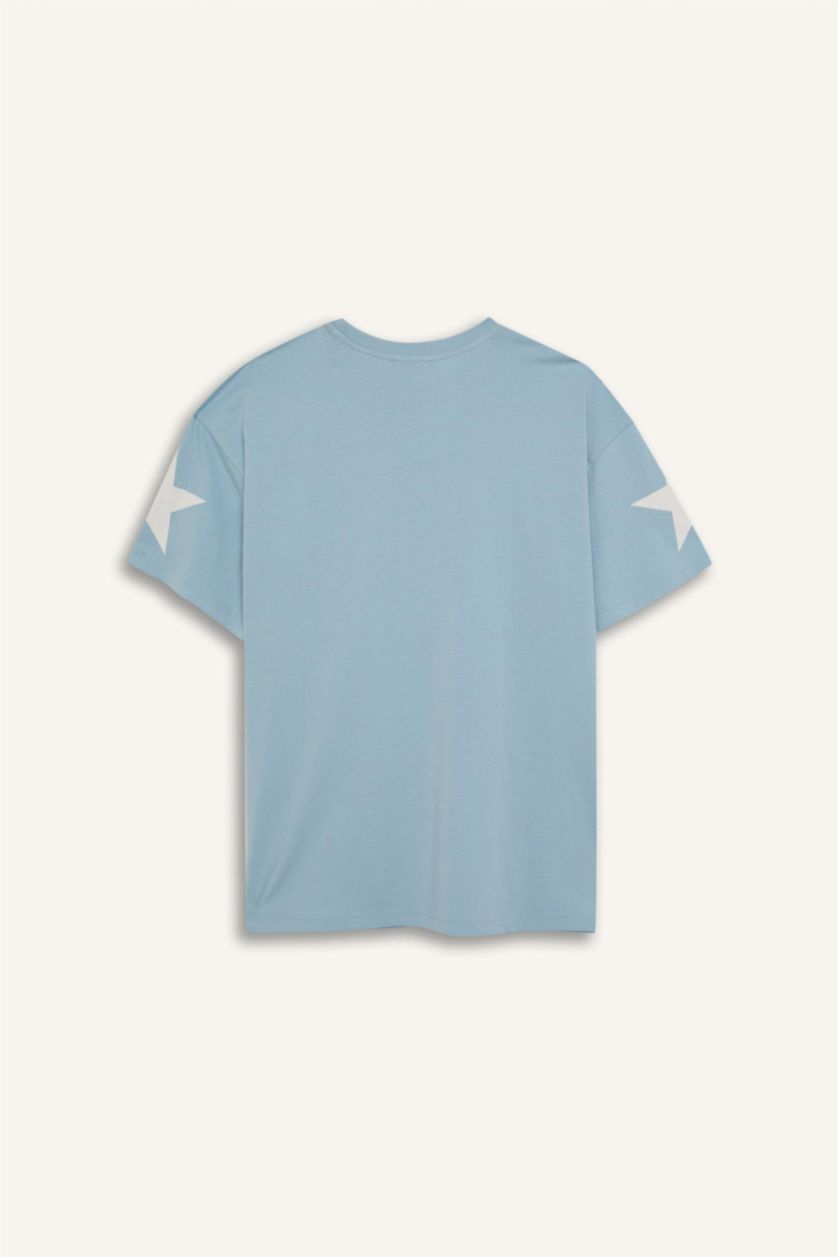 نساء أزرق فاتح تيشيرت نص كم اوفر سايز مطبوع  برقبة مستديرة