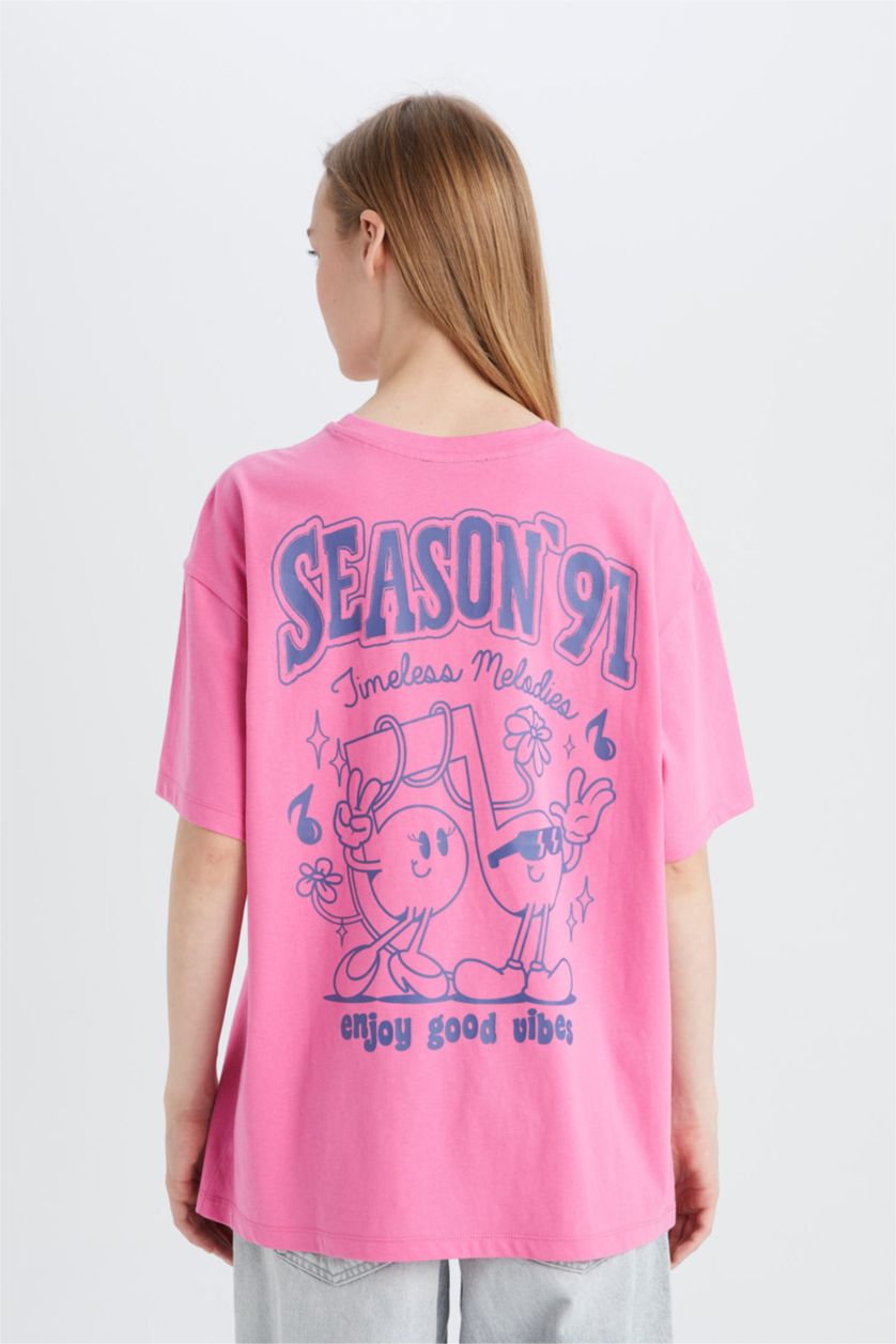 Woman Pink Oversize Fit Crew Neck Printed T-Shirt
