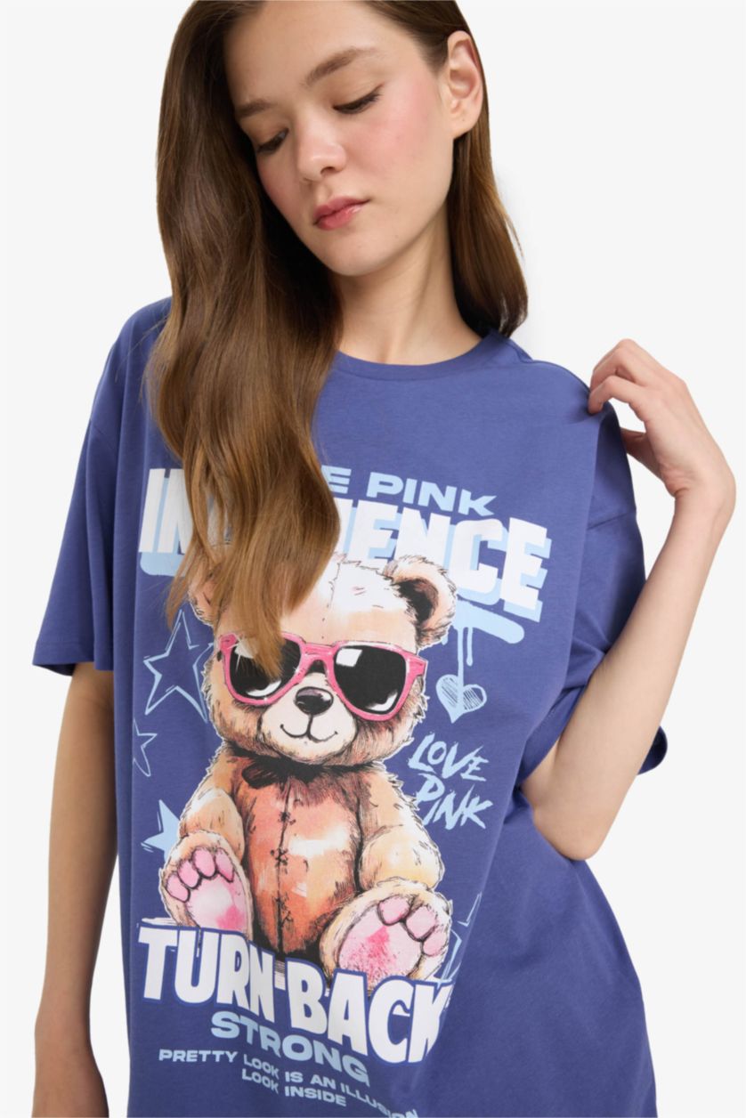 Kadın Menekşe Oversize Geniş Kalıp Bisiklet Yaka Baskılı Kısa Kollu Tişört