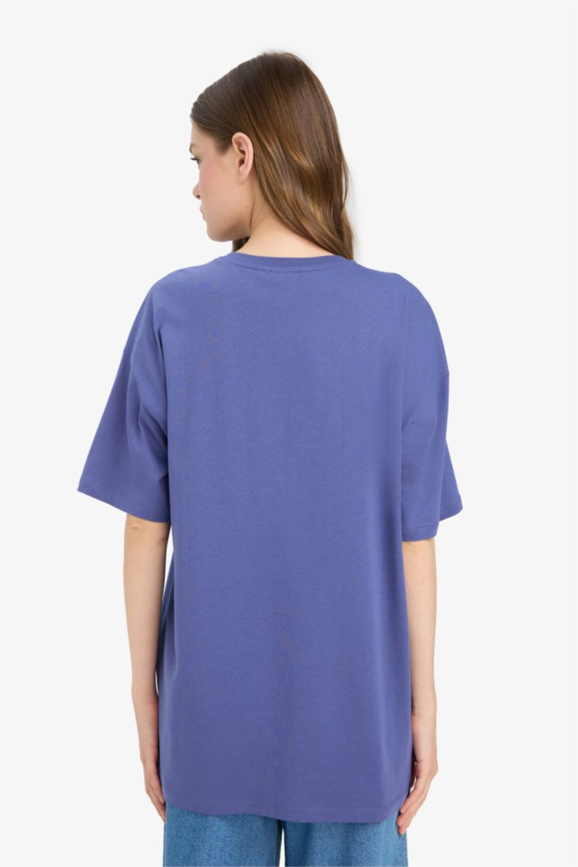 Kadın Menekşe Oversize Geniş Kalıp Bisiklet Yaka Baskılı Kısa Kollu Tişört