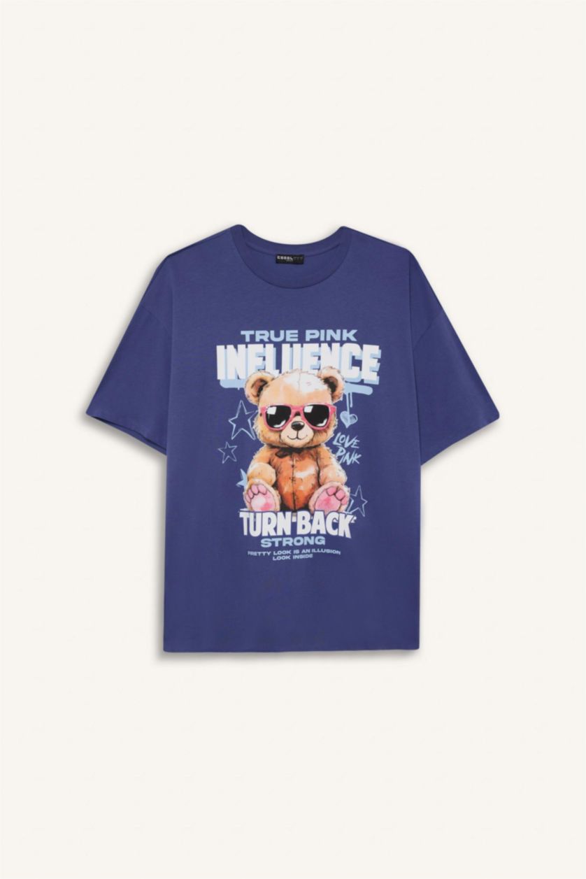 Kadın Menekşe Oversize Geniş Kalıp Bisiklet Yaka Baskılı Kısa Kollu Tişört