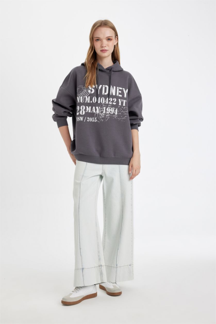 Kadın Antrasit Oversize Geniş Kalıp Kapüşonlu Sırt Baskılı Kalın Sweatshirt