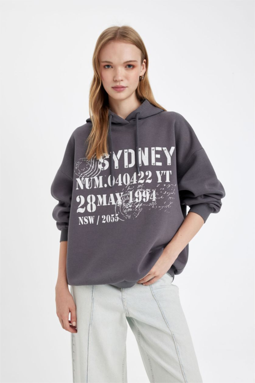 Kadın Antrasit Oversize Geniş Kalıp Kapüşonlu Sırt Baskılı Kalın Sweatshirt