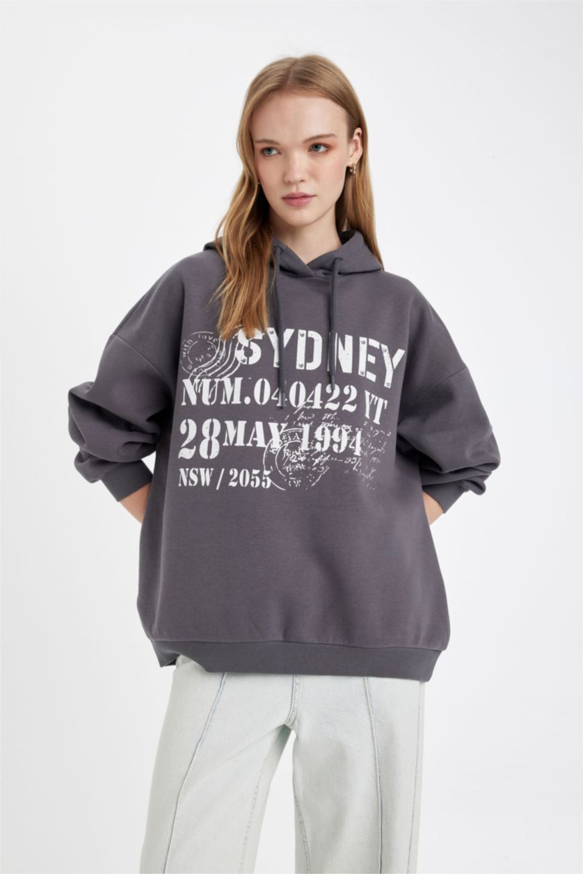 Kadın Antrasit Oversize Geniş Kalıp Kapüşonlu Sırt Baskılı Kalın Sweatshirt