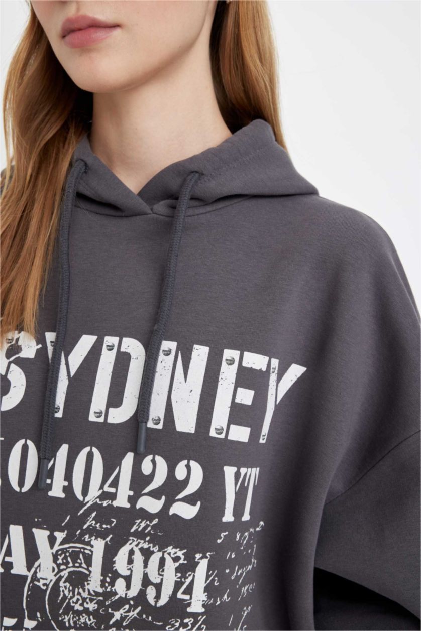 Kadın Antrasit Oversize Geniş Kalıp Kapüşonlu Sırt Baskılı Kalın Sweatshirt