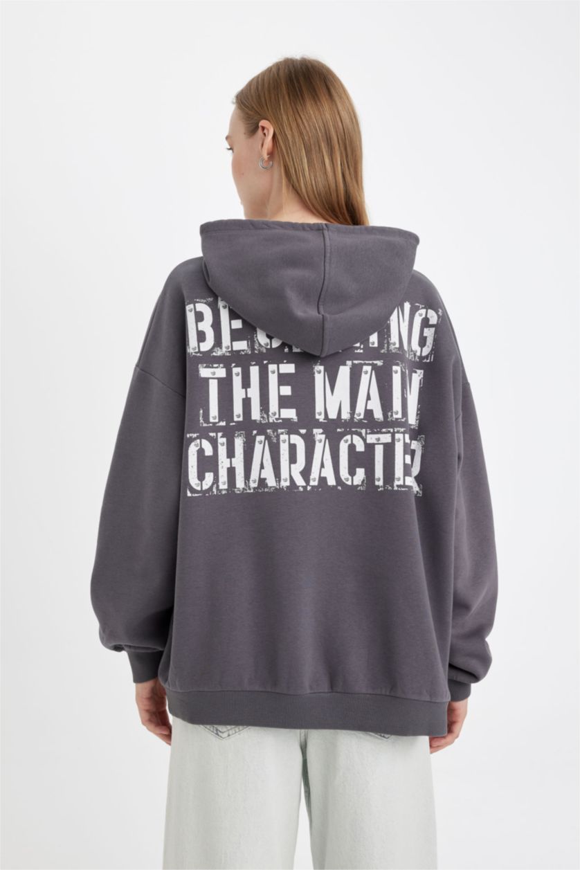 Kadın Antrasit Oversize Geniş Kalıp Kapüşonlu Sırt Baskılı Kalın Sweatshirt