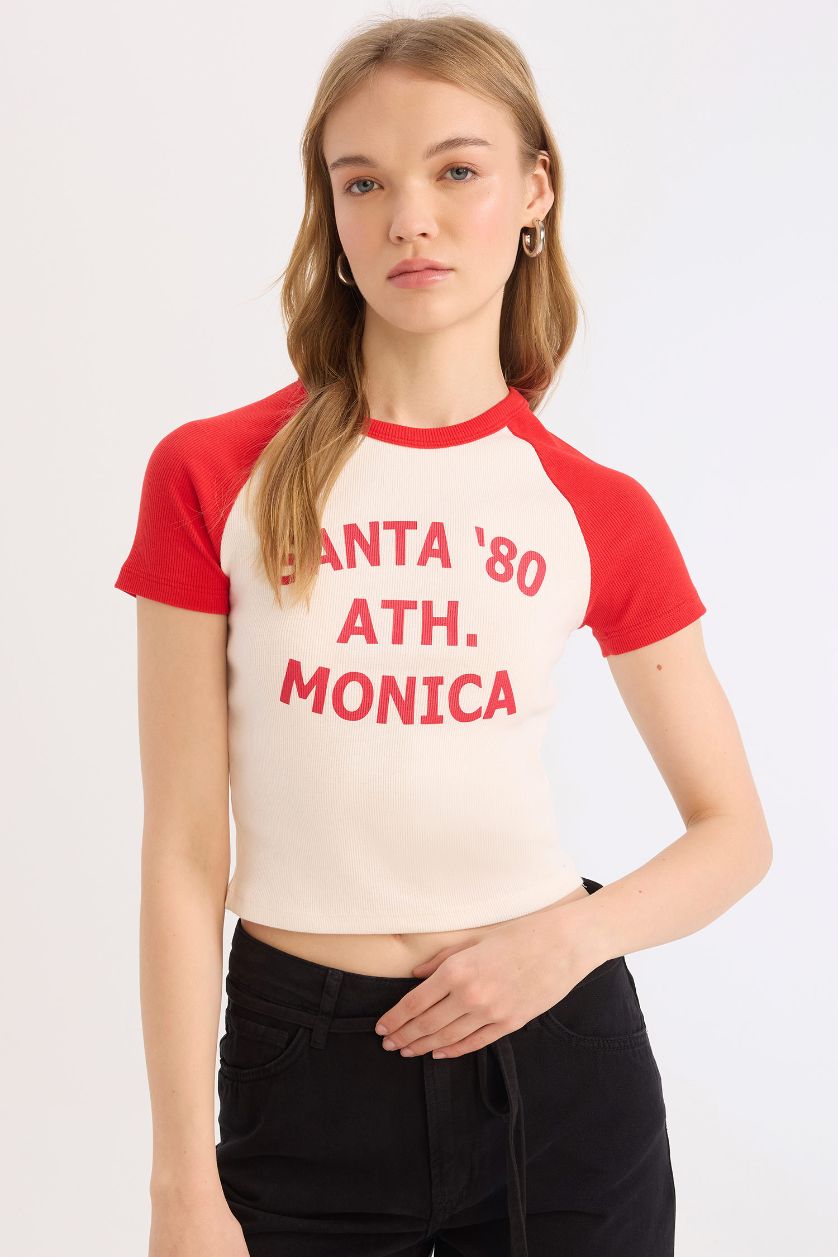 نساء أحمر تيشيرت نص ردن مضلع بياخة مستديرة