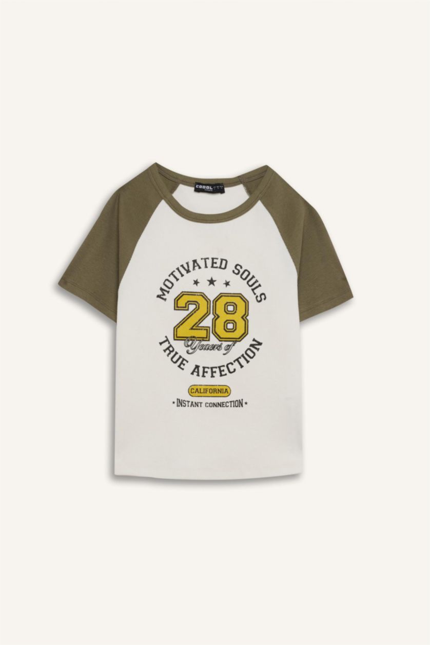 Kadın Haki Fitted Bisiklet Yaka Baskılı Fitilli Kaşkorse Kısa Kollu Tişört