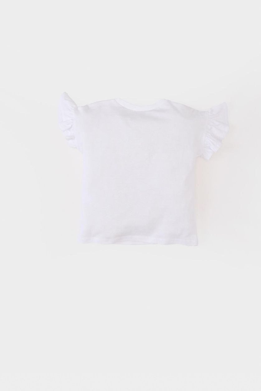 Kız Bebek Beyaz Bisiklet Yaka Çiçekli Kısa Kollu Tişört Kız Bebek