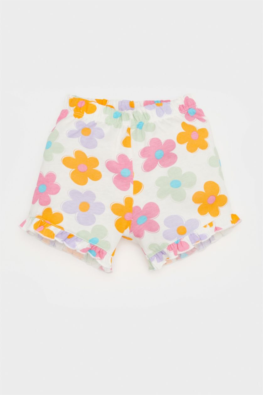 Kız Bebek Ekru 2'li Takım Baskılı Kısa Kollu Tişört Çiçekli Şort Kız Bebek