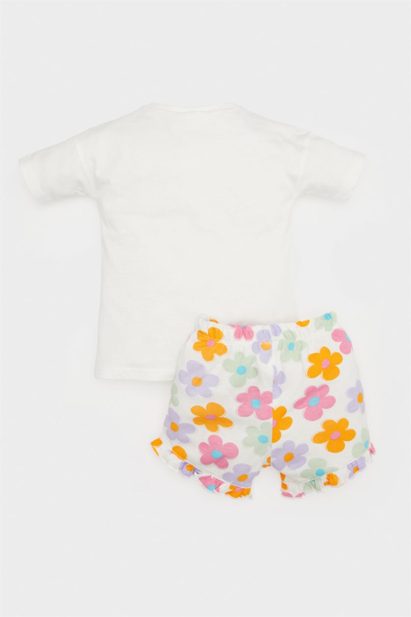 Kız Bebek Ekru 2'li Takım Baskılı Kısa Kollu Tişört Çiçekli Şort Kız Bebek