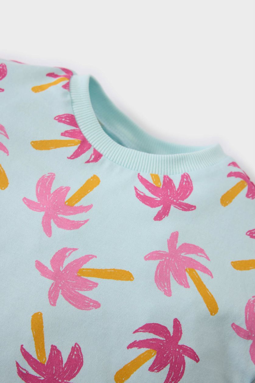 Kız Bebek Açık Mavi 2'li Takım Palmiye Desenli Kısa Kollu Tişört Beli Lastikli Şort Kız Bebek