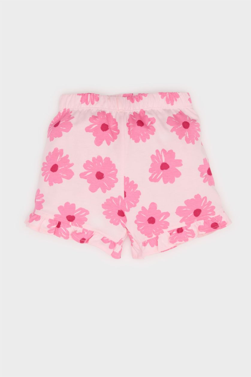 Kız Bebek Açık Pembe 2'li Takım Çiçek Desenli Kısa Kollu Tişört Beli Lastikli Şort Kız Bebek