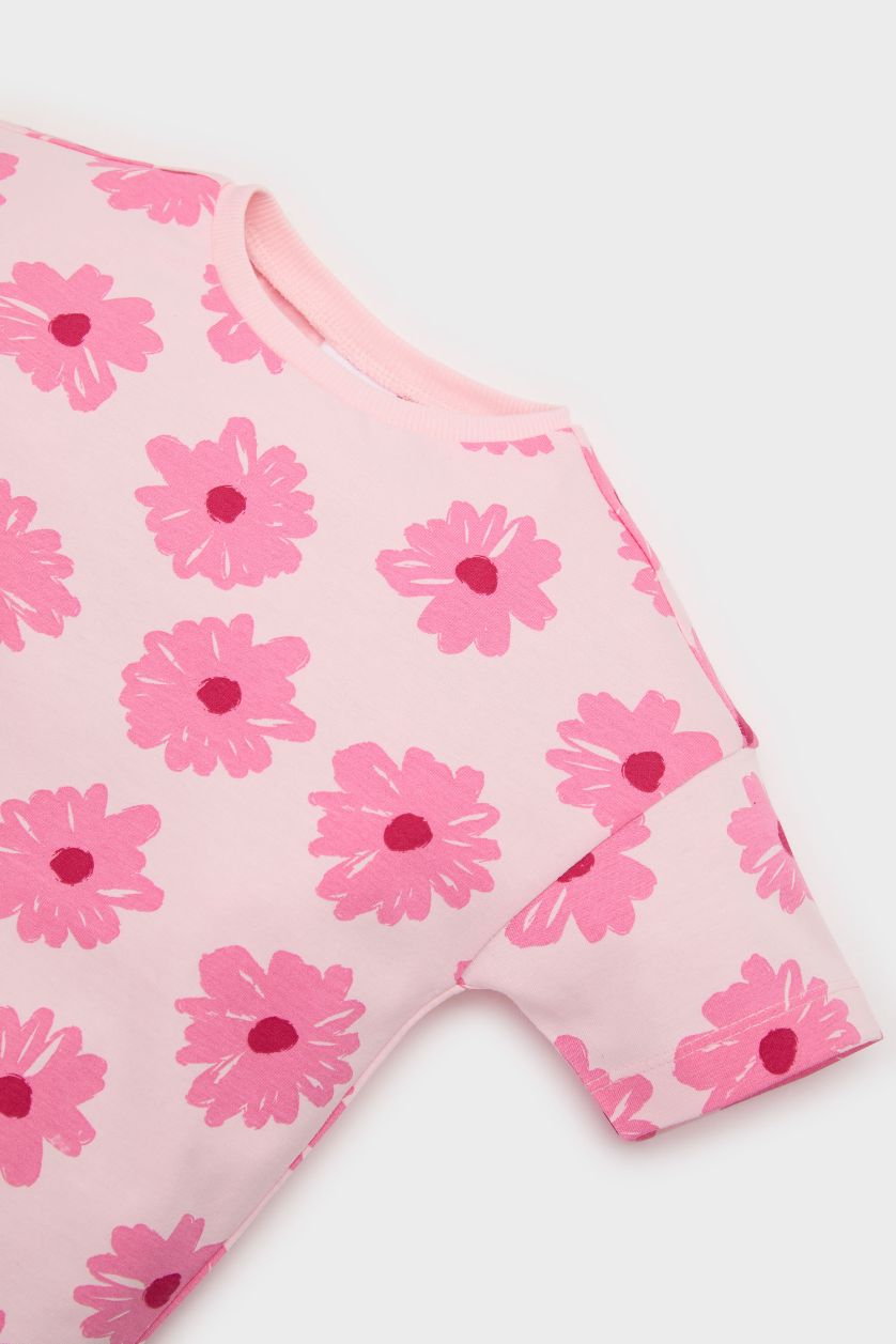 Kız Bebek Açık Pembe 2'li Takım Çiçek Desenli Kısa Kollu Tişört Beli Lastikli Şort Kız Bebek