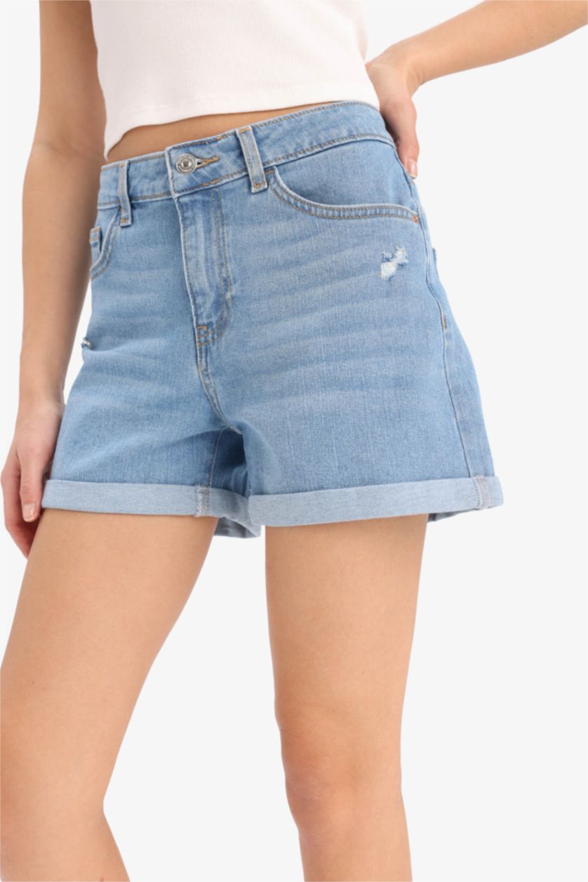 Kadın Mavi Normal Bel Yıkamalı Cepli Duble Paça Jean Şort