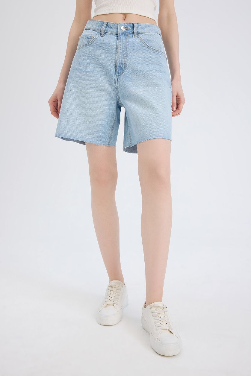 نساء نيلي فاتح شورت برمودا جينز بخصر عالي