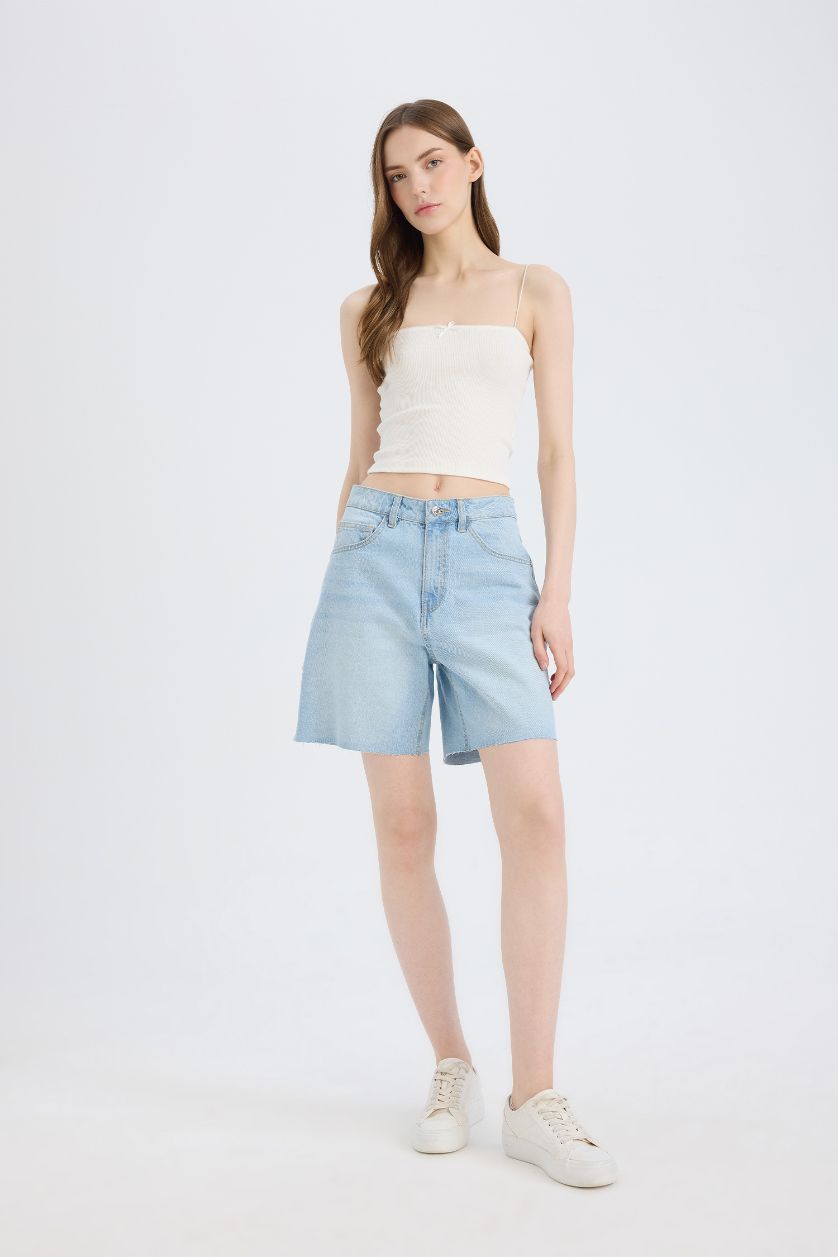 نساء نيلي فاتح شورت برمودا جينز بخصر عالي