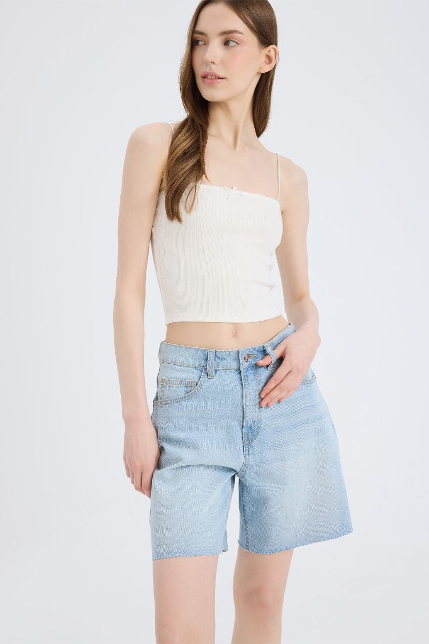 نساء نيلي فاتح شورت برمودا جينز بخصر عالي