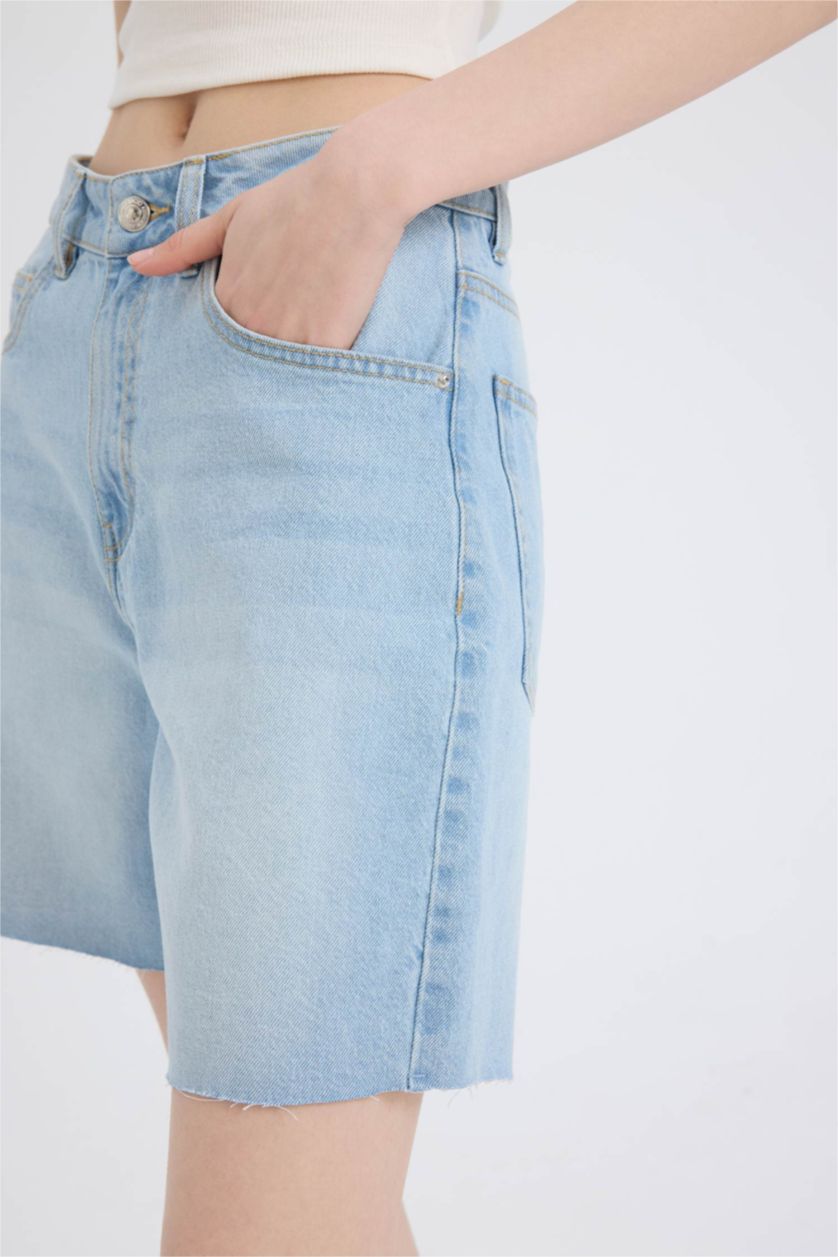 نساء نيلي فاتح شورت برمودا جينز بخصر عالي