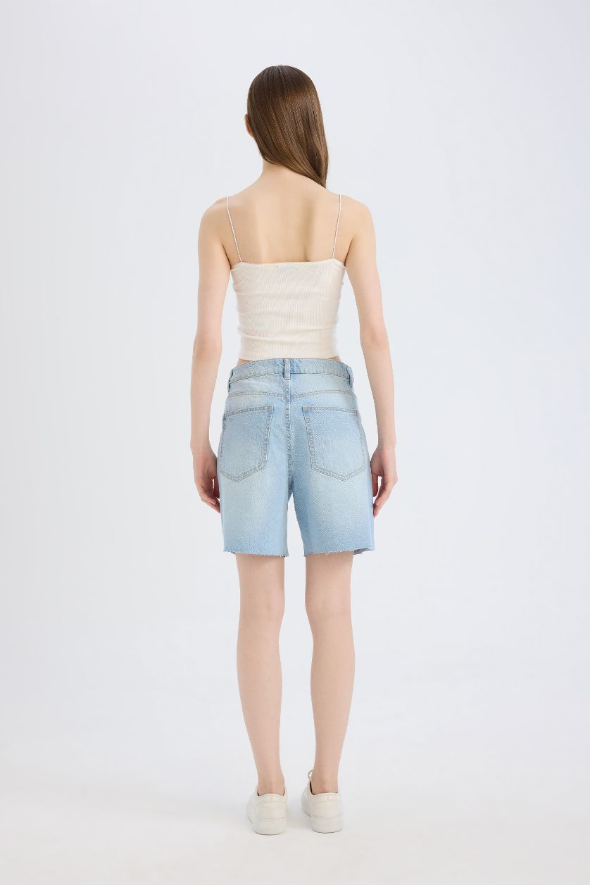 نساء نيلي فاتح شورت برمودا جينز بخصر عالي