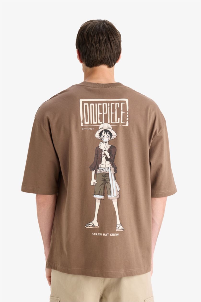 Erkek Kahve %100 Pamuk One Piece Loose Fit Bisiklet Yaka Sırt Baskılı Kısa Kollu Tişört