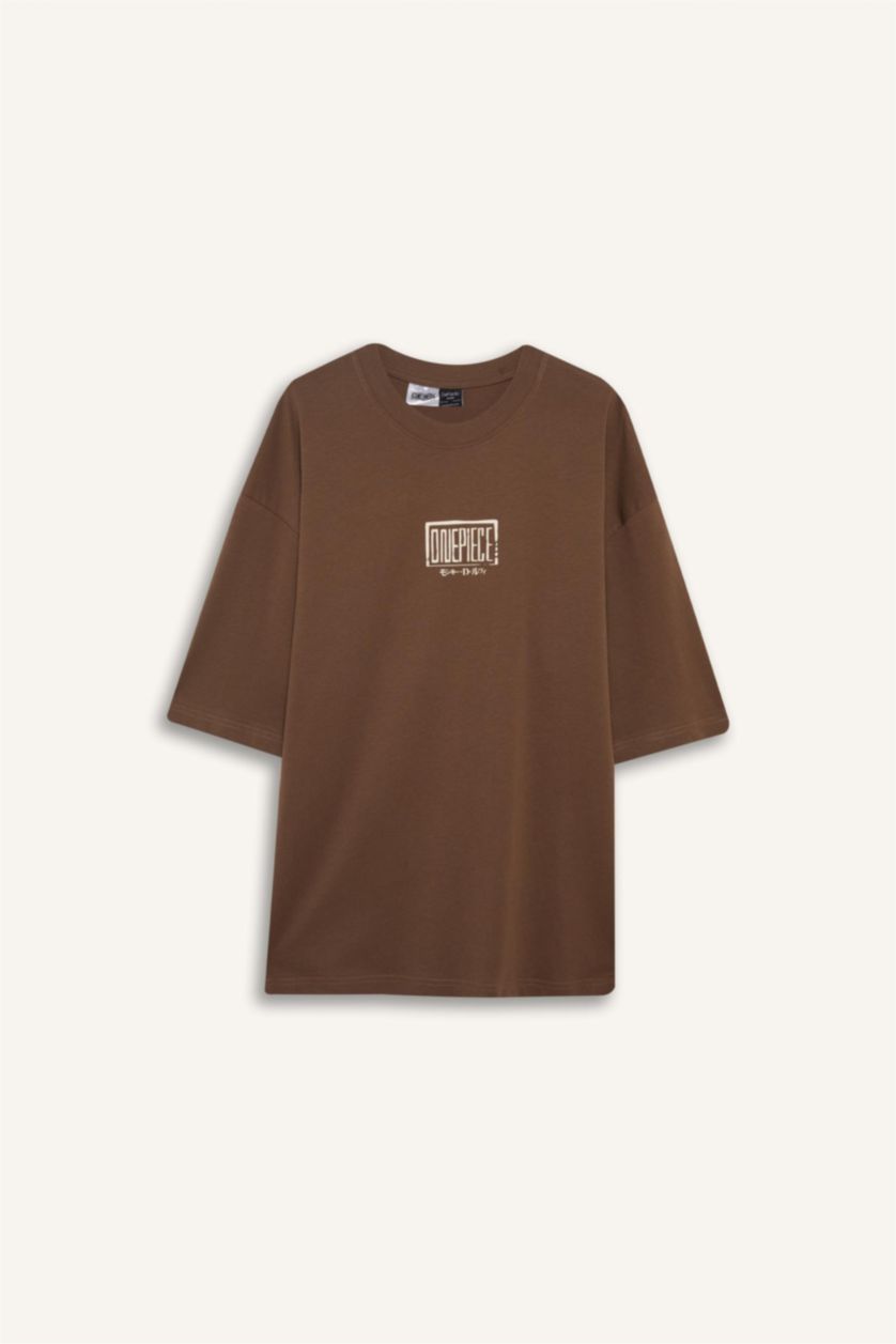 Erkek Kahve %100 Pamuk One Piece Loose Fit Bisiklet Yaka Sırt Baskılı Kısa Kollu Tişört