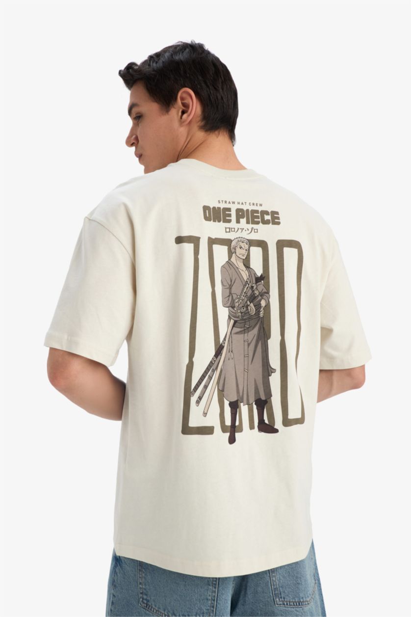 Erkek Taş %100 Pamuk One Piece Boxy Fit Bisiklet Yaka Sırt Baskılı Kısa Kollu Tişört