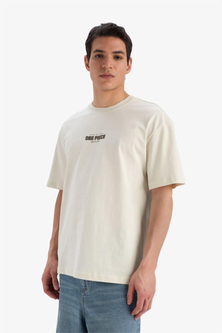 Erkek Taş %100 Pamuk One Piece Boxy Fit Bisiklet Yaka Sırt Baskılı Kısa Kollu Tişört