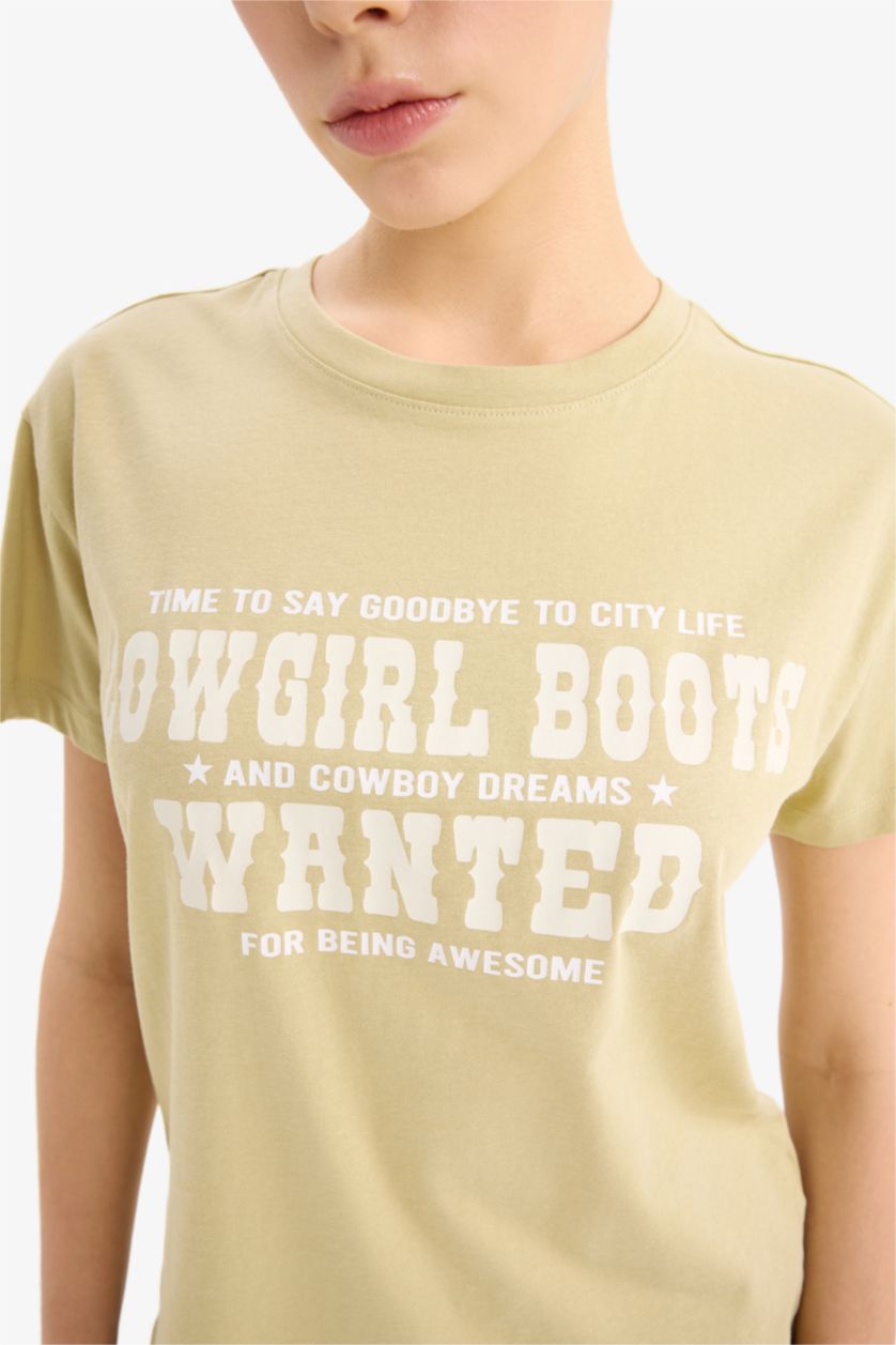 نساء زيتوني تي شيرت نص كم قصة عادية بياقة مستديرة