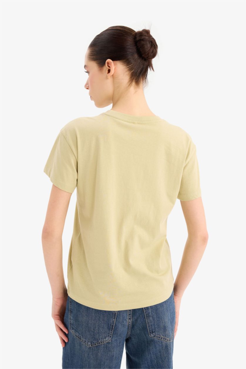 نساء زيتوني تي شيرت نص كم قصة عادية بياقة مستديرة