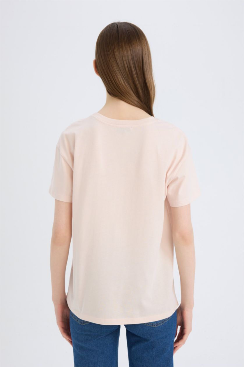 Kadın Açık Pembe Regular Fıt Bisiklet Yaka Baskılı Kısa Kollu Tişört