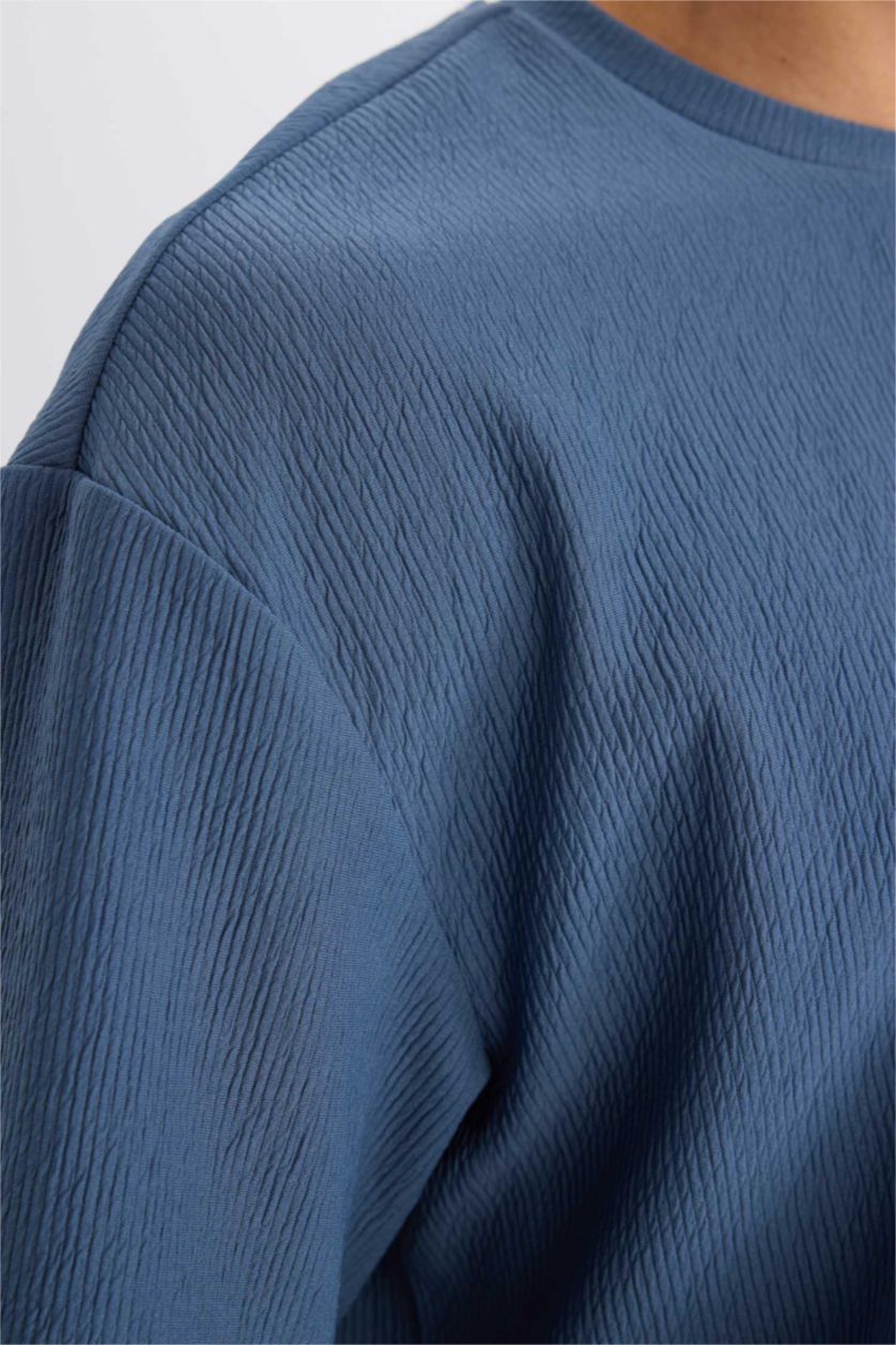 رجال نيلي فاتح تيشيرت نص كم أوفر سايز برقبة مستديرة