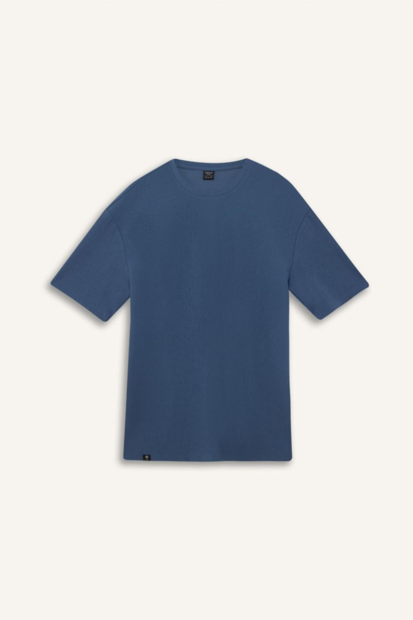 رجال نيلي فاتح تيشيرت نص كم أوفر سايز برقبة مستديرة