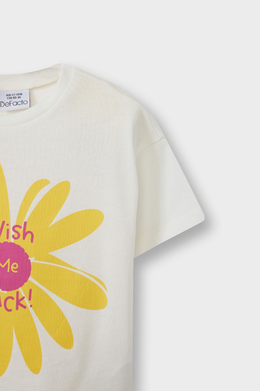 Kız Bebek Ekru Bisiklet Yaka Baskılı Kısa Kollu Tişört Kız Bebek