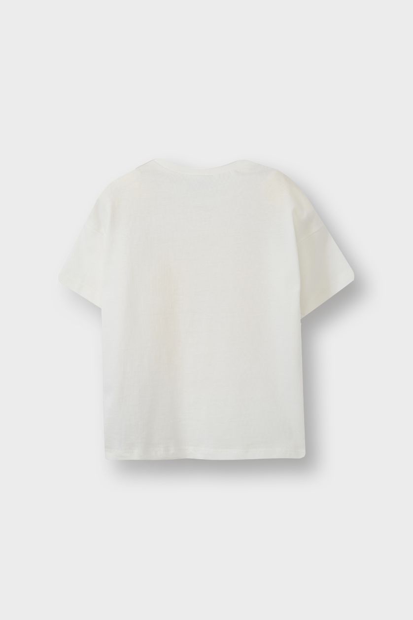 Kız Bebek Ekru Bisiklet Yaka Baskılı Kısa Kollu Tişört Kız Bebek