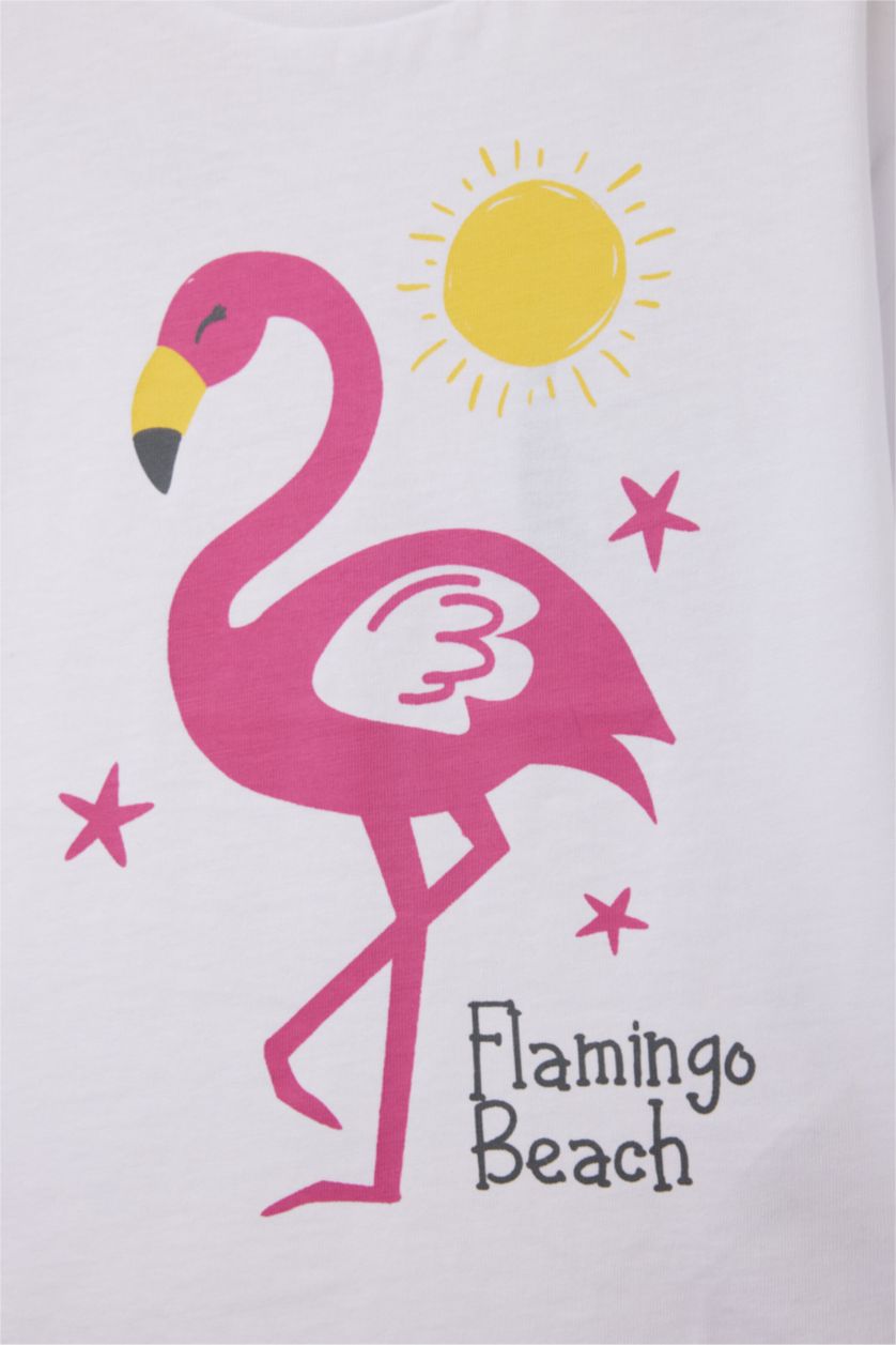 Kız Bebek Beyaz Bisiklet Yaka Baskılı Kısa Kollu Tişört Kız Bebek