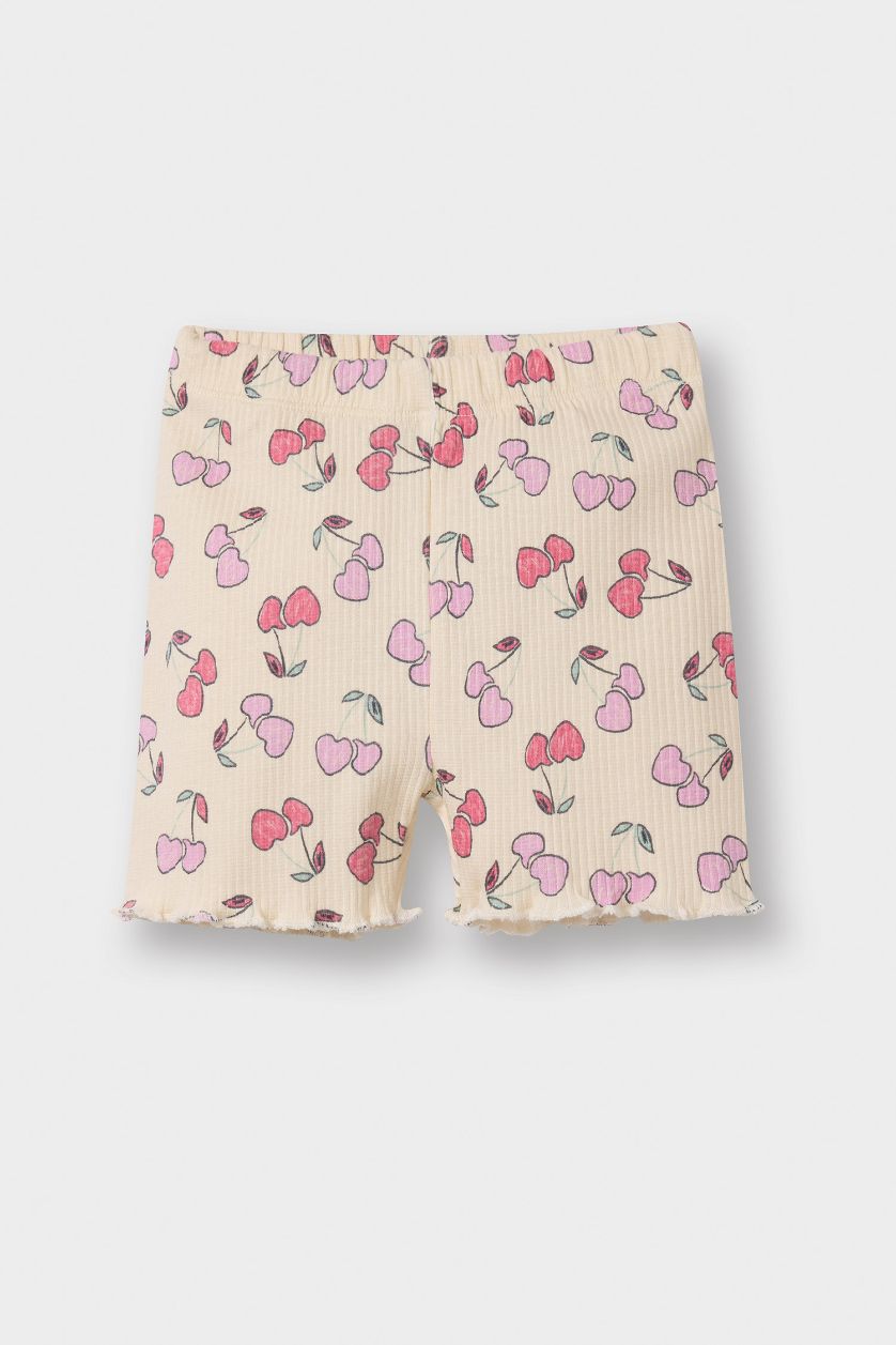 Kız Bebek Ekru 2'li Takım Desenli Fitilli Kaşkorse Kısa Kollu Tişört Şort Kız Bebek