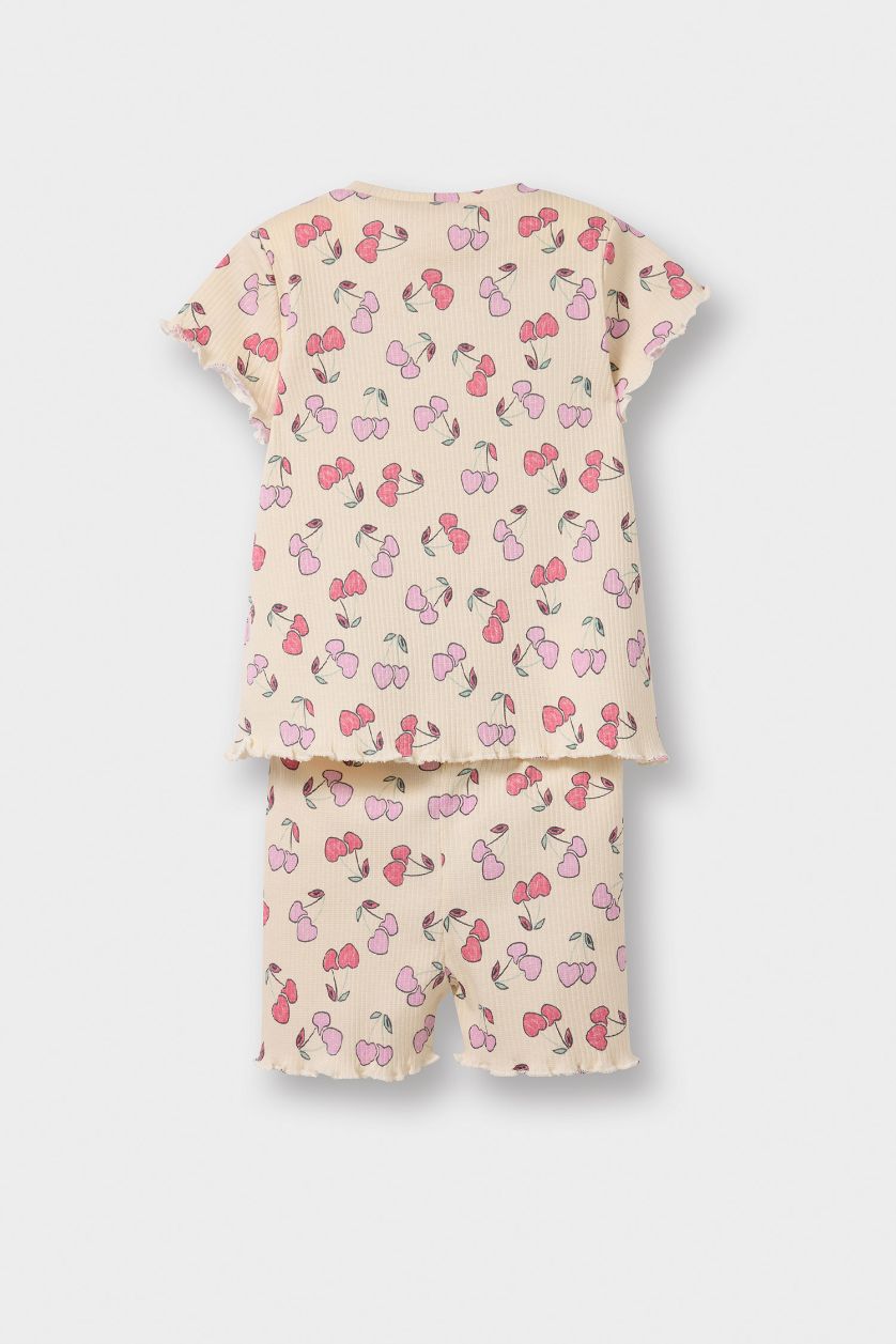Kız Bebek Ekru 2'li Takım Desenli Fitilli Kaşkorse Kısa Kollu Tişört Şort Kız Bebek