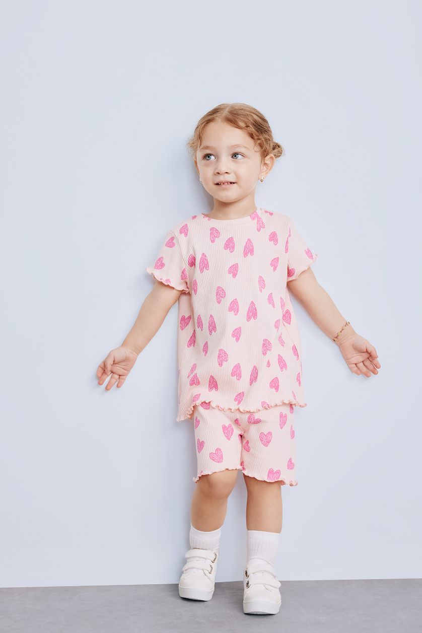 BABY GIRL Pink Girl Patterned Ribbed Camisole T-Shirt Shorts 2 Piece Set
