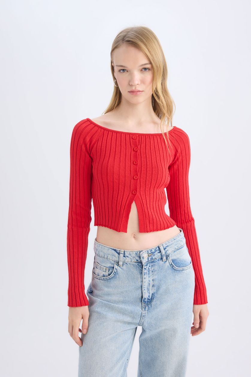 Kadın Kırmızı Fitted Açık Omuz Crop Kırmızı Triko Kazak