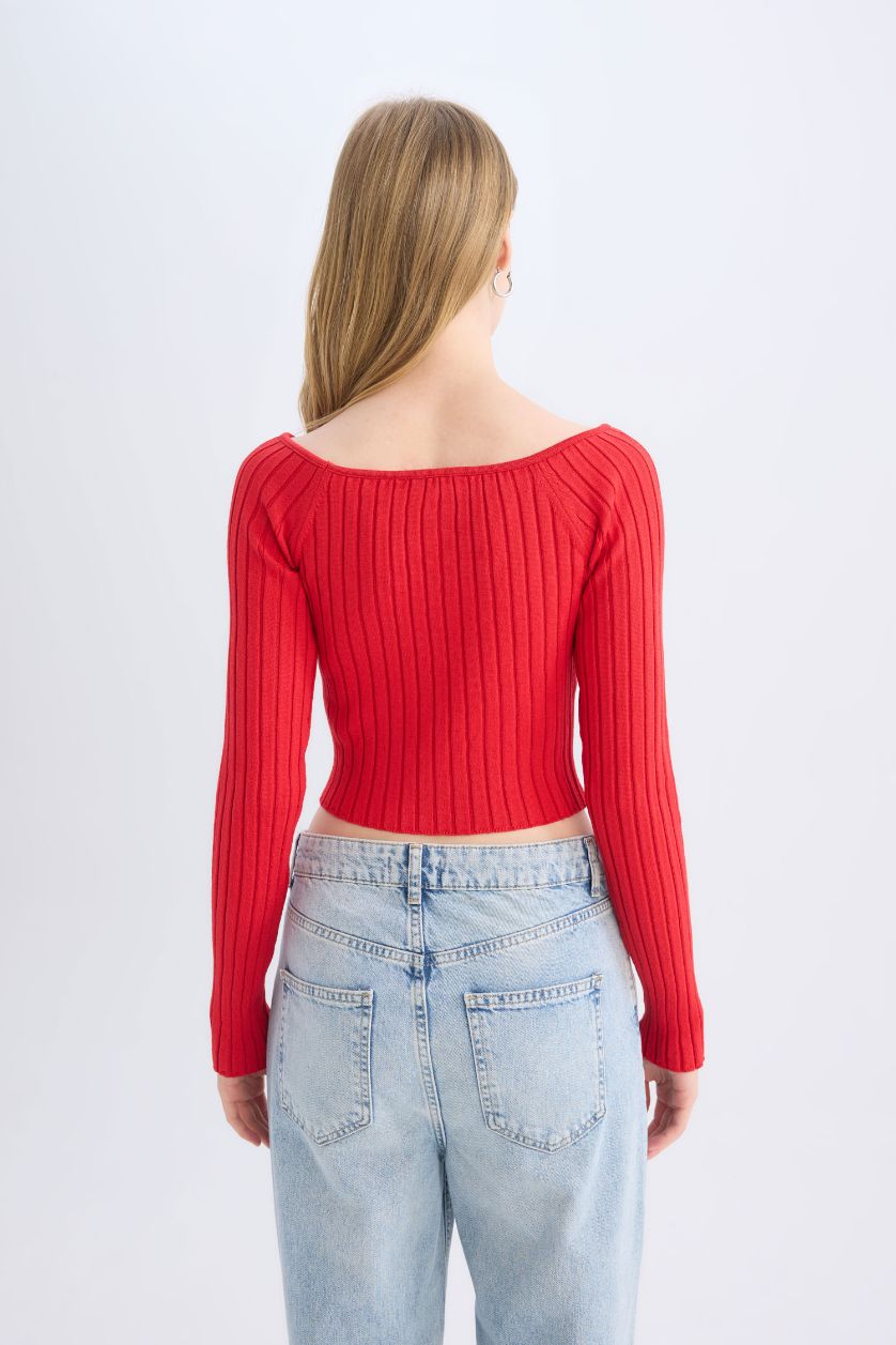 Kadın Kırmızı Fitted Açık Omuz Crop Kırmızı Triko Kazak