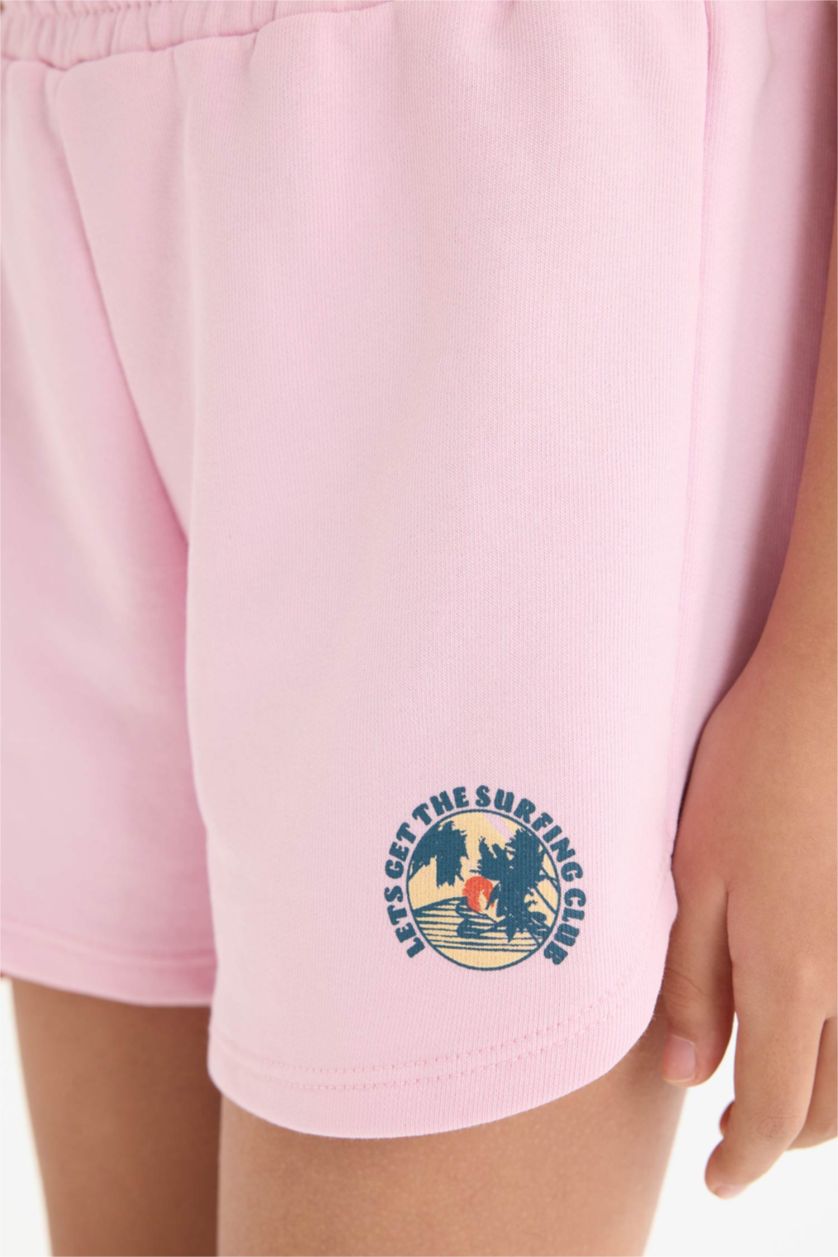 Kız Çocuk - Genç Kız Pembe Beli Lastikli Baskılı Şort Kız Çocuk