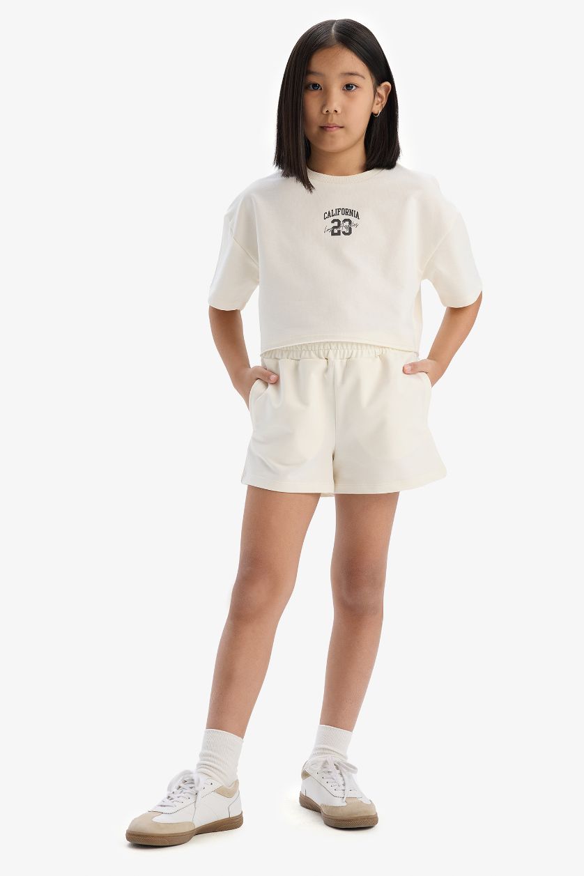 بنات بيج فاتح سيت بناتي قماش سويت شيرت - قطعتين