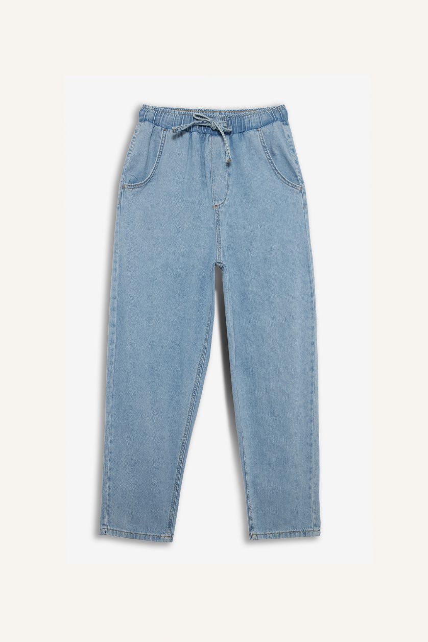 WOMAN Blue Paperbag High Waist Straight Leg Long Soft Jeans