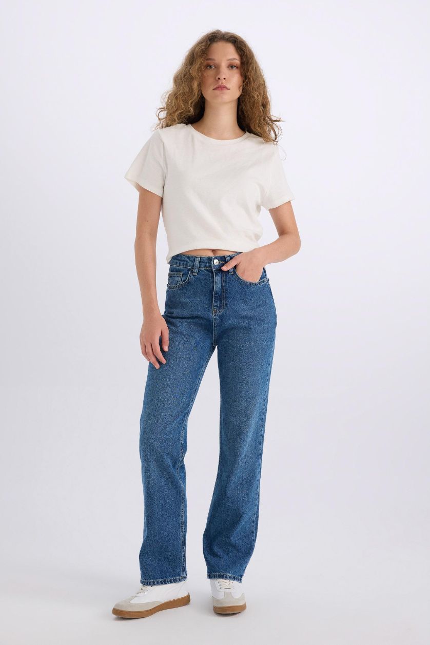 FEMME Bleu Pantalon Jean droit délavé Longueur de cheville