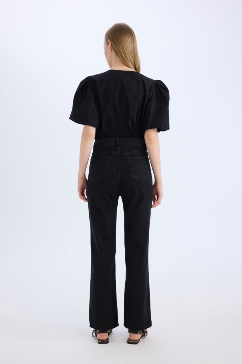 WOMAN Black Straight Fit High Waist Ankle Length Washed Jeans