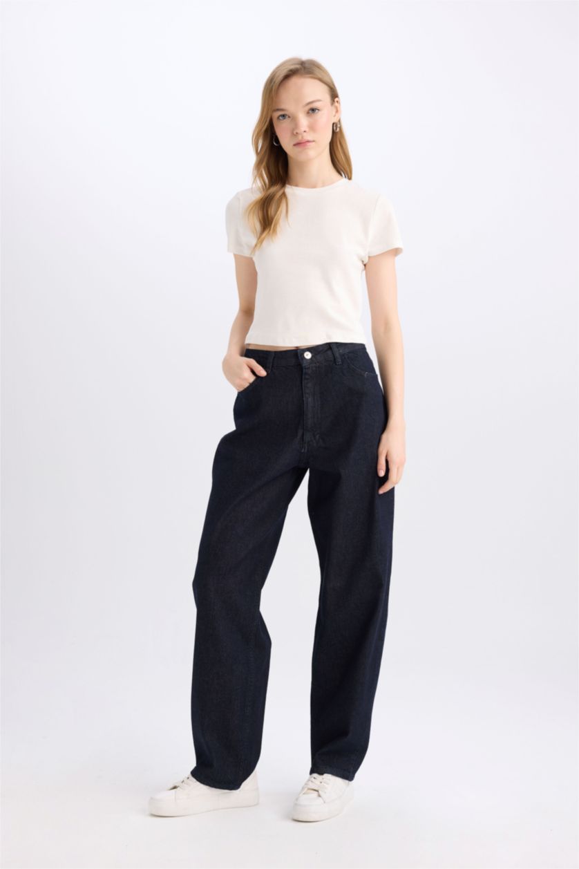 WOMAN Dark Blue High Waist Baggy Fit Trousers