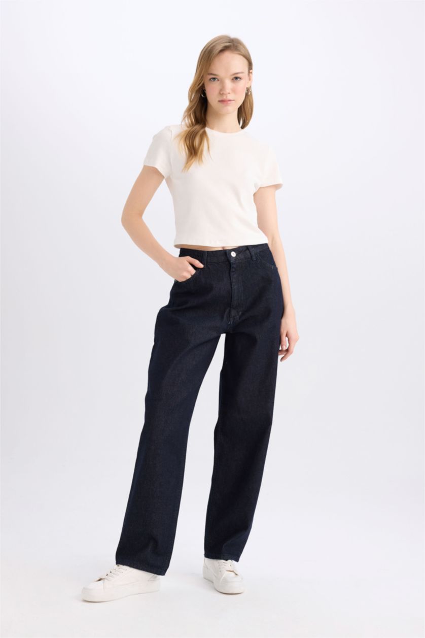 WOMAN Dark Blue High Waist Baggy Fit Trousers
