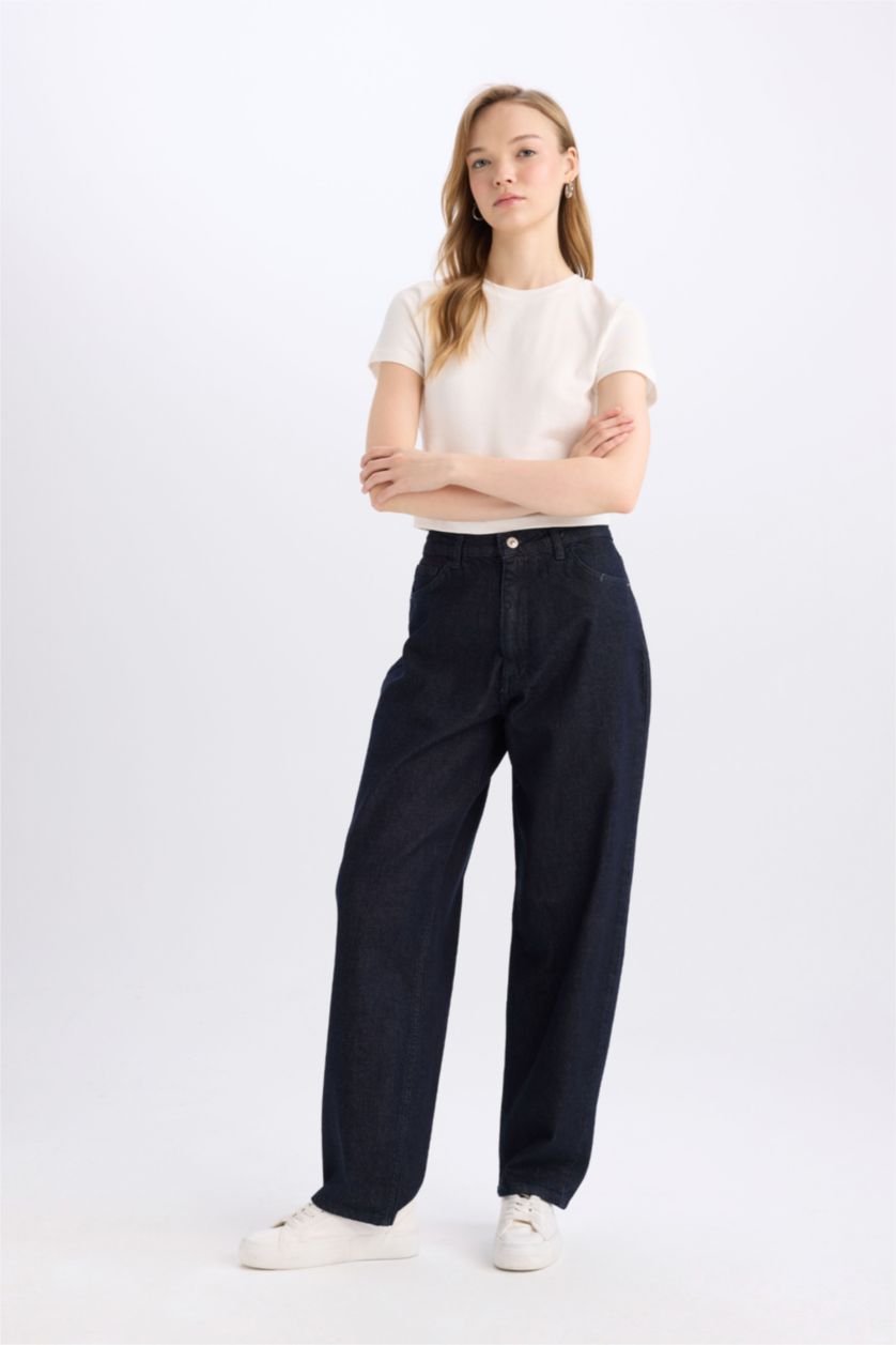 WOMAN Dark Blue High Waist Baggy Fit Trousers